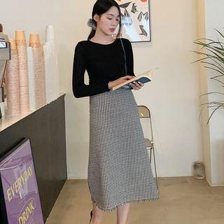 Fringe-hem Check Midi Skirt