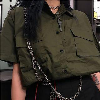 Pocket Detail Short-sleeve Shirt Army Green - One Size