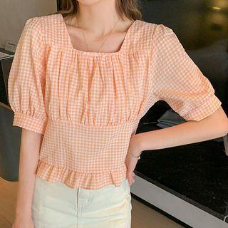 Puff-sleeve Square-neck Plaid Shirred Blouse