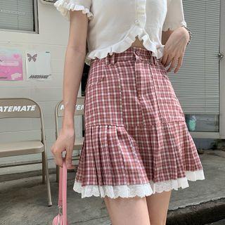 Short-sleeve Ruffle Trim Bear Embroidered Top / Plaid Mini Skirt