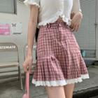 Short-sleeve Ruffle Trim Bear Embroidered Top / Plaid Mini Skirt