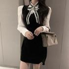 Bow-accent Plain Shirt / Sleeveless Plain Velvet Slit Dress