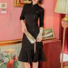 Mandarin Collar 3/4-sleeve Ruffle-hem Sheath Dress