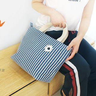 Flower Applique Pinstriped Handbag