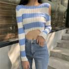 Long-sleeve Cold-shoulder Striped Cropped Knit Top