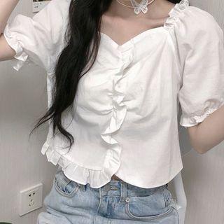 Ruffle Trim Short-sleeve Cropped Blouse