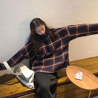 Plaid Turtleneck Oversize Sweater / Knit Midi A-line Skirt