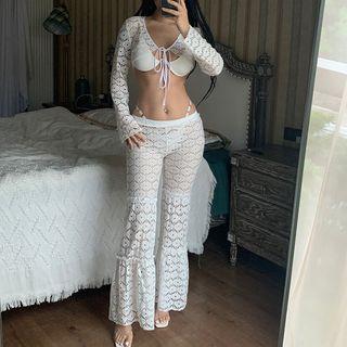Set: Bell-sleeve Pointelle Crop Knit Top + Low Rise Wide Leg Pants