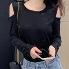 Cold-shoulder Long-sleeve Glitter T-shirt Black - One Size