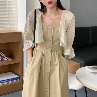 Puff-sleeve Tie-front Cropped Jacket / Spaghetti Strap Midi A-line Dress