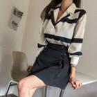 Set: Notch-collar Stripe Shirt + Lace-up A-line Miniskirt
