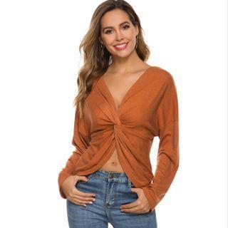 Long-sleeve Twist-front V-neck Blouse