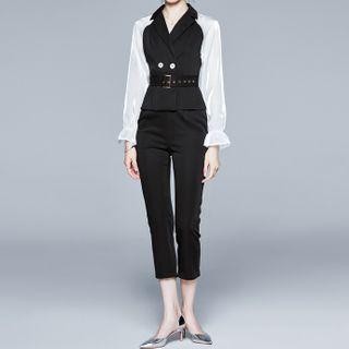 Set: Puff-sleeve Paneled Blouse + Capri Straight-cut Pants