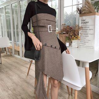 Set: Plain Bell-sleeve Top + Strapless Dress