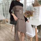 Set: Plain Bell-sleeve Top + Strapless Dress