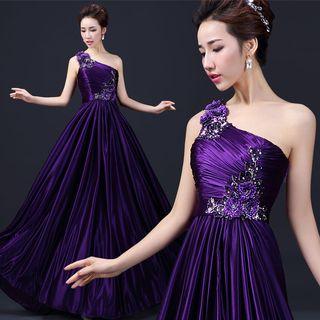 Flower One-shoulder A-line Evening Gown