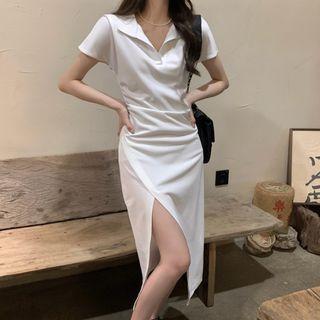 Short-sleeve Shirred Midi A-line Polo Dress