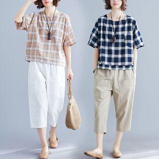 Set: Plaid Elbow-sleeve Top + Crop Harem Pants