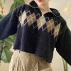 Argyle Print Long Sleeve Knit Hoodie
