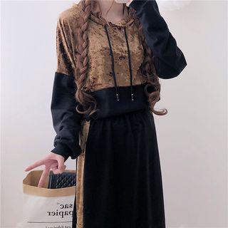 Set: Velvet Panel Hoodie + High Waist A-line Skirt