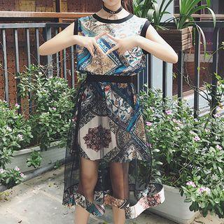 Set: Printed Tank Dress + Mesh Midi Skirt