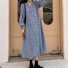 Puff-sleeve Floral Print Midi A-line Dress Blue - One Size