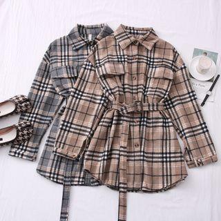 Plaid Long Wool Shirt With Belt
