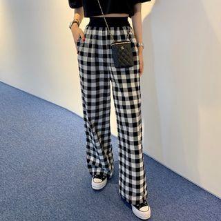 Plaid Straight-leg Pants Plaid - Black - One Size