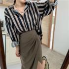 Long-sleeve Striped Shirt / High-waist Midi Skirt