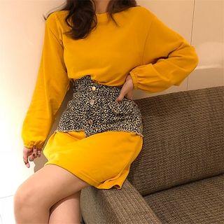 Long-sleeve Mini T-shirt Dress / Leopard Print Mini Skirt