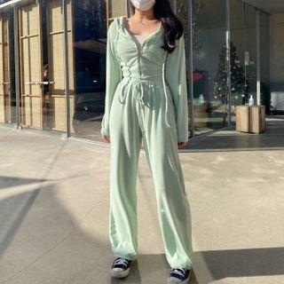 Long-sleeve Plain Zipped Jacket + High-waist Plain Sweatpants
