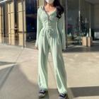 Long-sleeve Plain Zipped Jacket + High-waist Plain Sweatpants