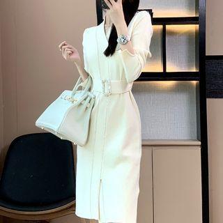 Long-sleeve Belt-waist Knit Dress
