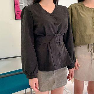 V-neck Faux-suede Blouse With Belt