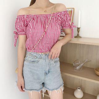 Plaid Camisole Top / Off-shoulder Short-sleeve Top