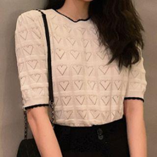 Contrast Trim Short-sleeve Pointelle Knit Top White - One Size
