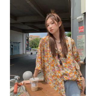 Short-sleeve Lapel Floral Loose-fit Top Orange Floral - One Size