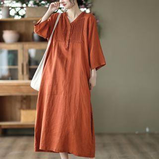 V-neck Pintuck Midi A-line Dress