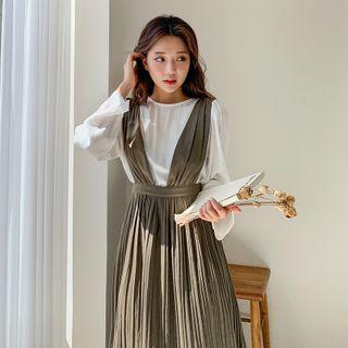 Set: Round-neck Top + Pleated Jumper Skirt