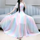 Lace Panel Short-sleeve Multi-color Maxi A-line Dress