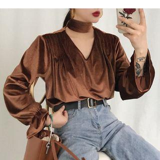 V-neck Long-sleeve Velvet Top
