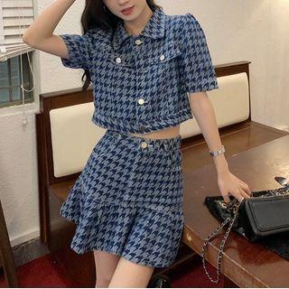 Short-sleeve Houndstooth Denim Top / Skirt