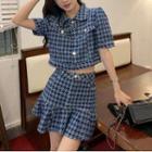 Short-sleeve Houndstooth Denim Top / Skirt