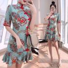 Flower Print Short-sleeve Ruffle Hem Mini A-line Qipao