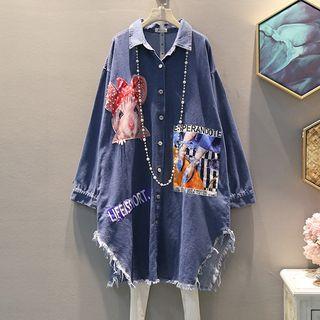Cartoon Applique Long-sleeve Denim Shirt
