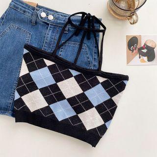 Color-block Plaid Sleeveless Top Black - One Size