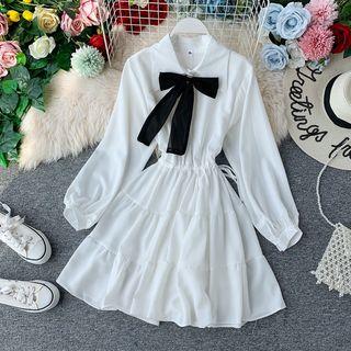 Bow Accent Long-sleeve A-line Dress White - One Size