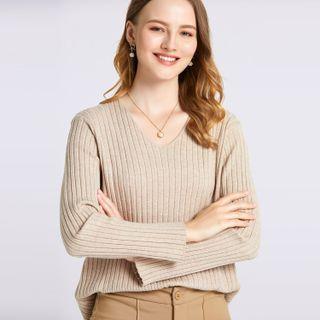 Long Sleeve V Neck Ribbed Knit Top