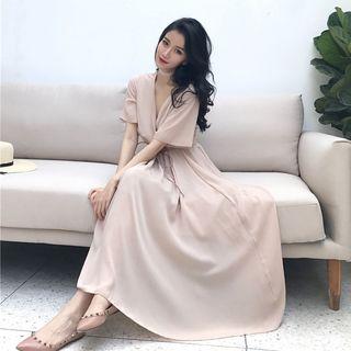 Elbow-sleeve V-neck Midi A-line Dress