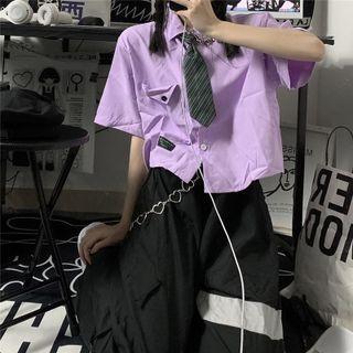 Set: Short-sleeve Pocket Detail Shirt + Striped Tie